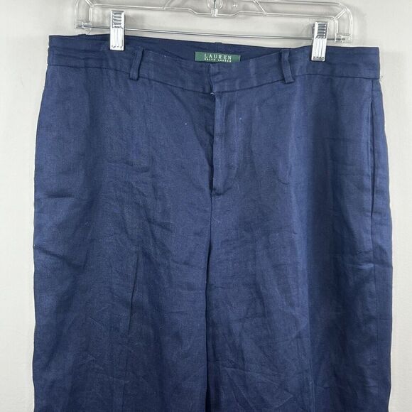 Lauren Ralph Lauren Navy Blue 100% Linen Wide Leg Trousers Pants 10 - Picture 2 of 12